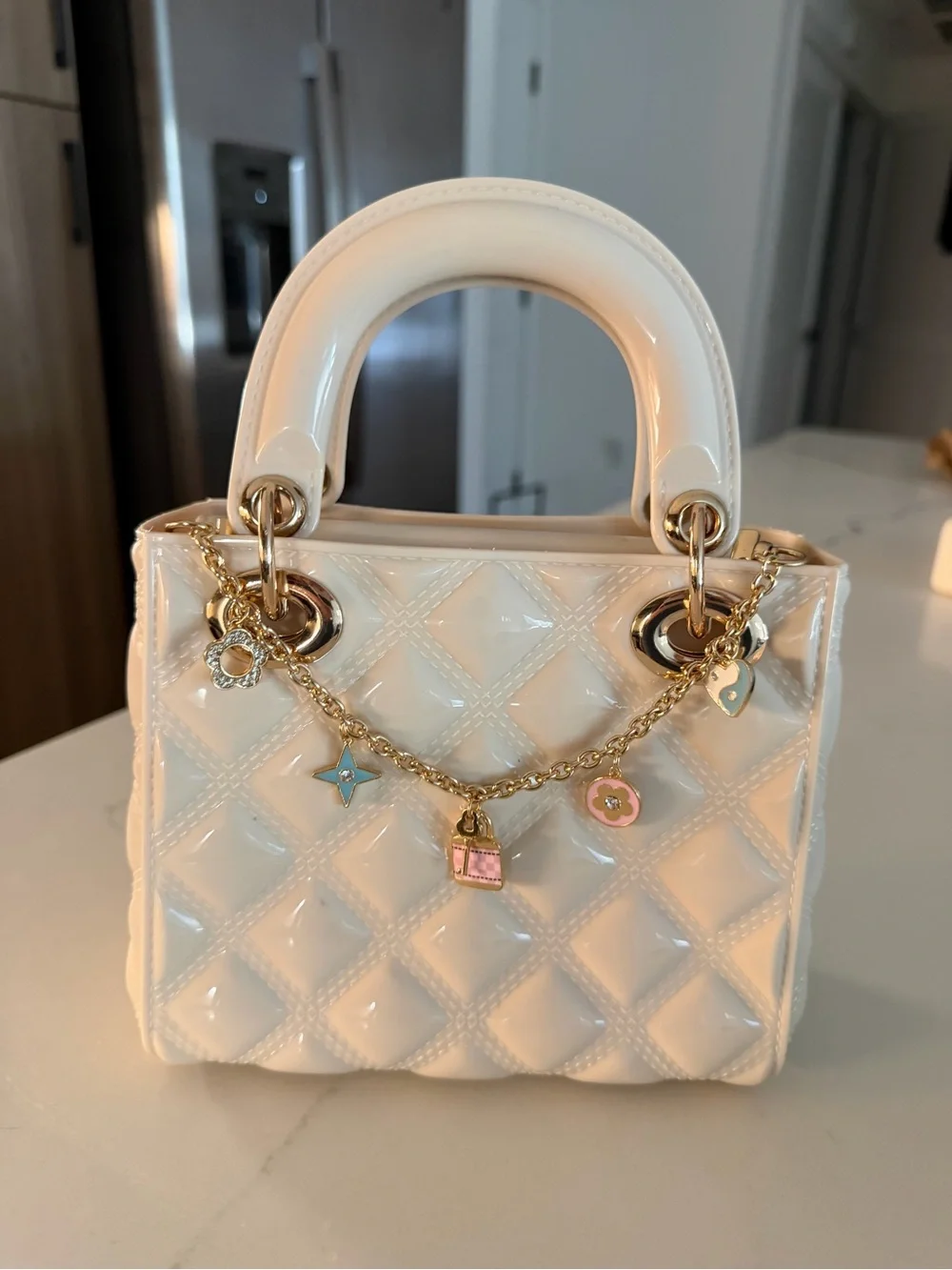 Ivory Quilted Patent Top-Handle Kids Bag with Charm Chain